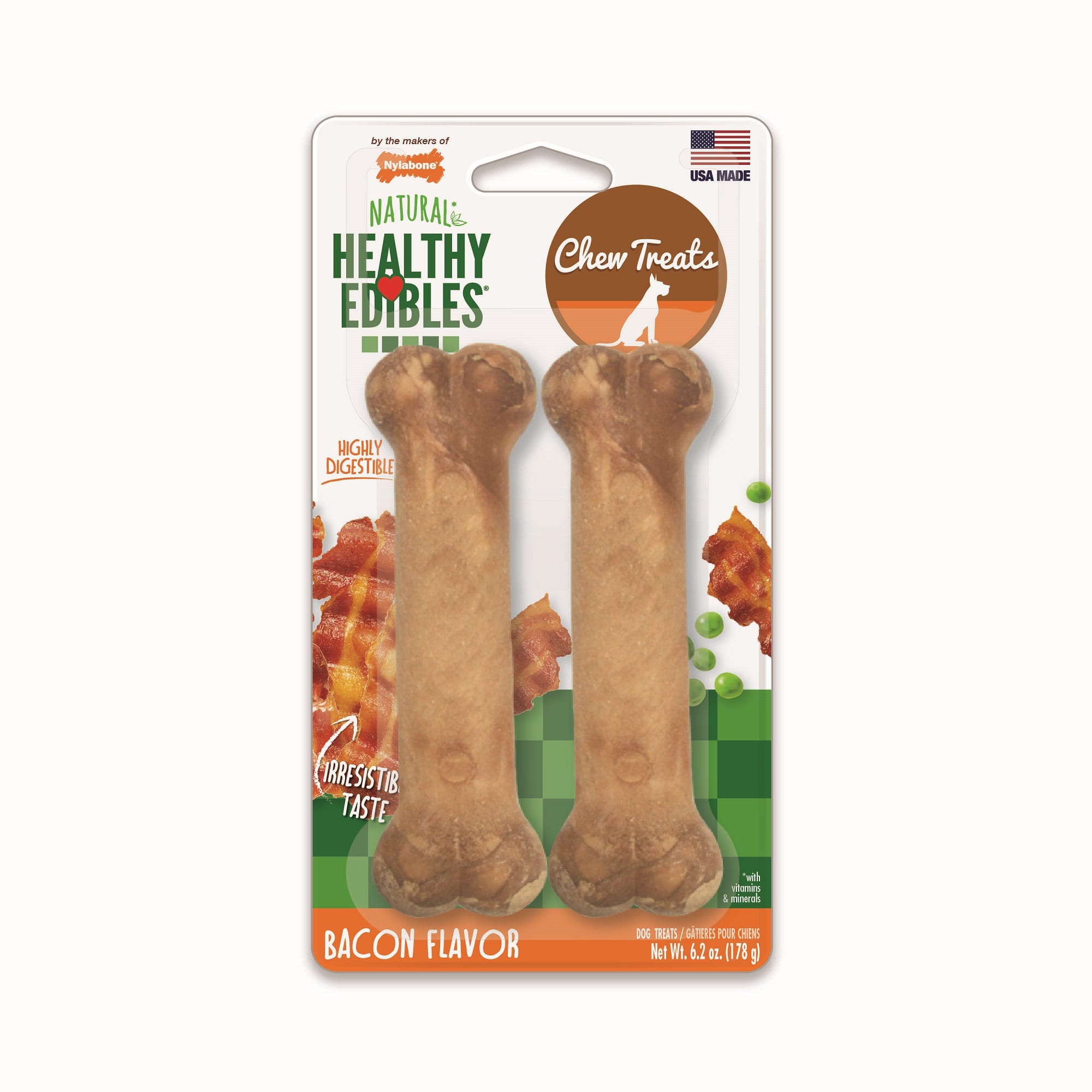 Nylabone Healthy Edibles Bacon Flavored Dog Bone Chews， Small， Pack of 2