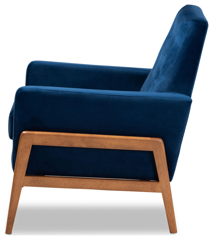 Yivi Mid Century Navy Blue Velvet Fabric and Walnut Brown Wood Lounge Chair   Midcentury   Armchairs And Accent Chairs   by Baxton Studio  Houzz