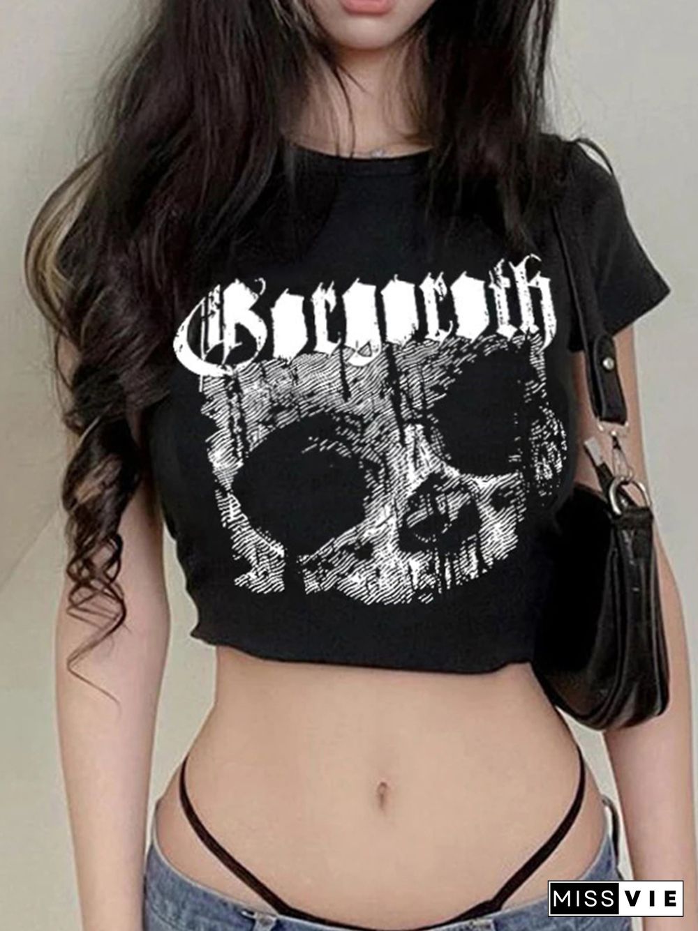 Vintage Short Sleeve T-shirt 90s Gothic Harajuku Print Pattern Croptop Skeleton Skull Punk Streetwear Aesthetic Female Mujer Top