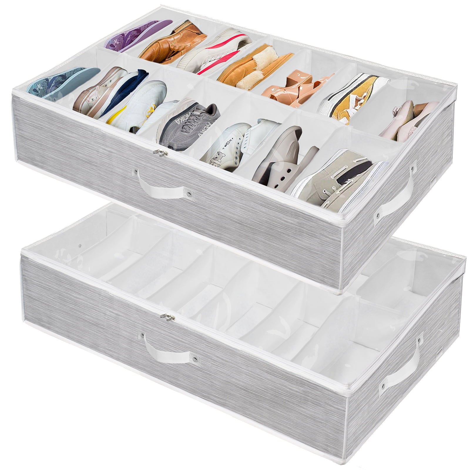 Homfort Shoe Organizer Under Bed， Fabric Underbed Shoe Storage Boxes Holder for Closet， Men Women Kids Shoes， High Heels， Short Boots， Sneakers， White， Set of 2