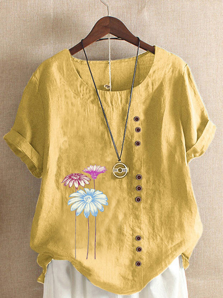 Round Neck Casual Loose Floral Short Sleeve Blouse