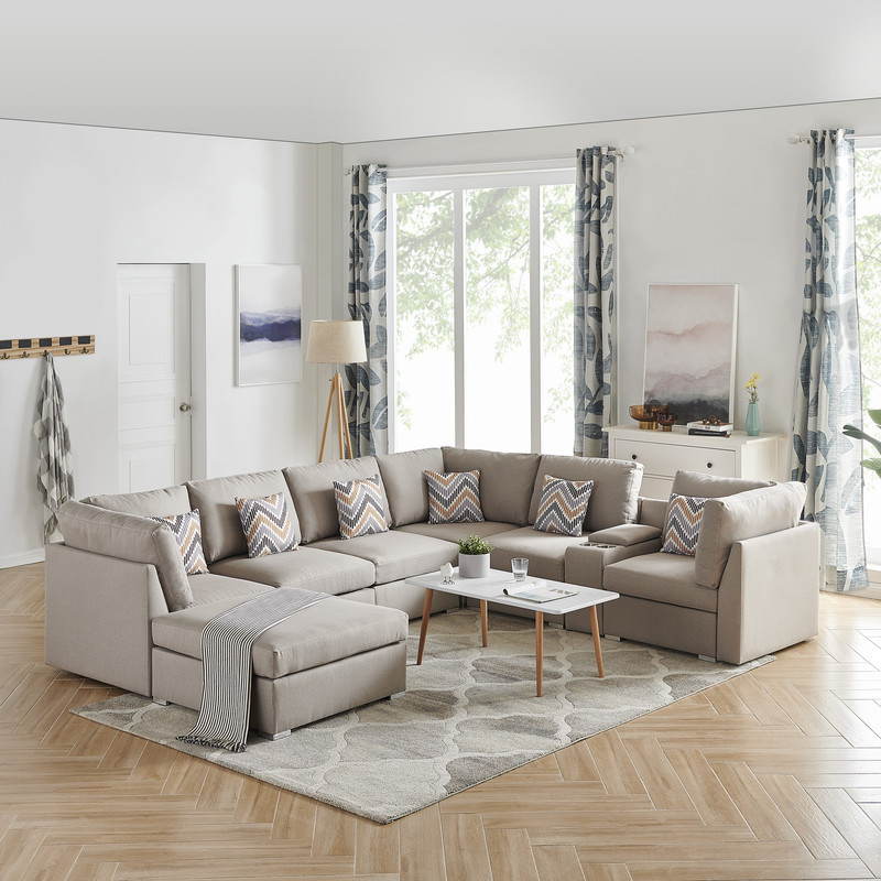 Amira Beige Reversible Modular Sectional Sofa With Usb Console  Ottoman  89820 6   Contemporary   Sectional Sofas   by Timeout PRO  Houzz