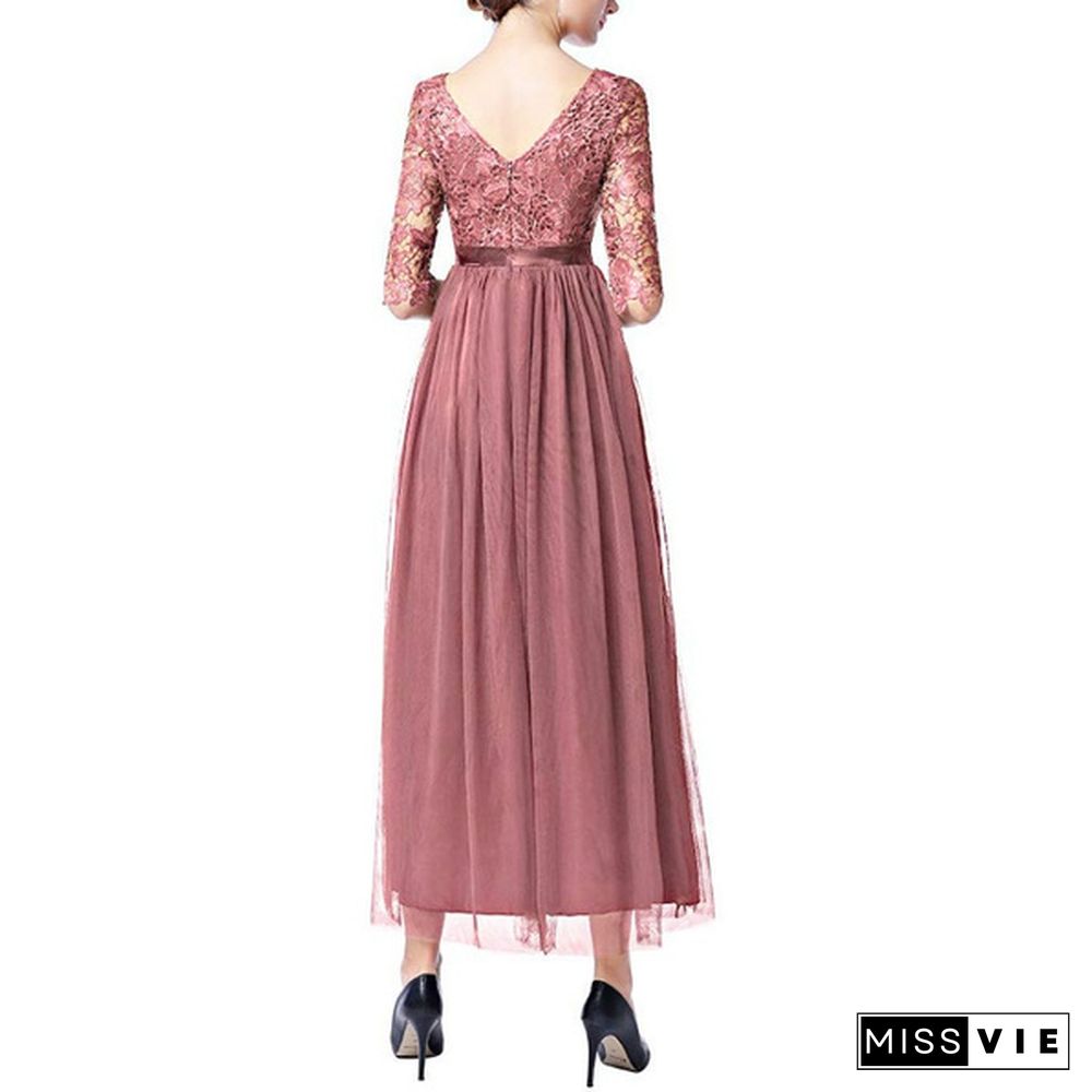 Women's Vintage Floral Lace 3/4 Sleeves Floor Length Retro Evening Cocktail Formal Bridesmaid Gown Long Maxi Dress