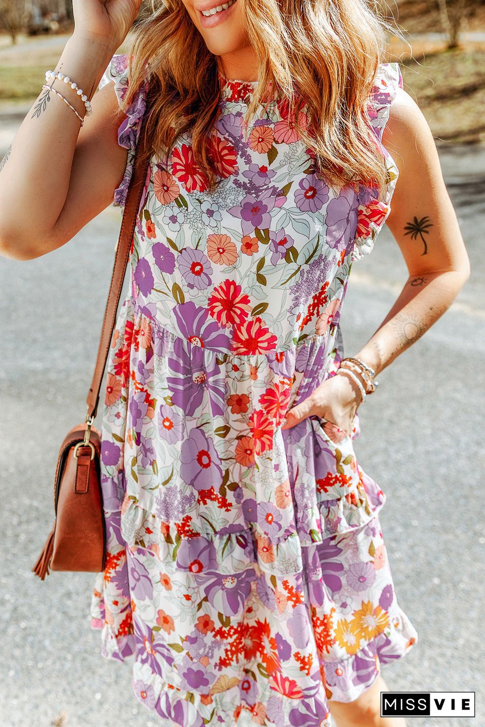 Purple White Ruffled Tank Floral Dress