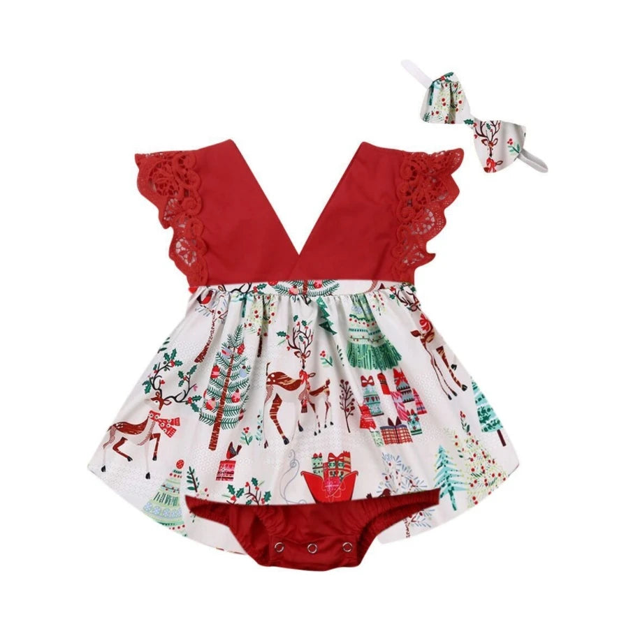 New Arrival 2pcs Red Flower Baby Clothing Newborn Baby Girls Lace Backless Romper Dress Jumpsuit Outfits Clothes 0-24M