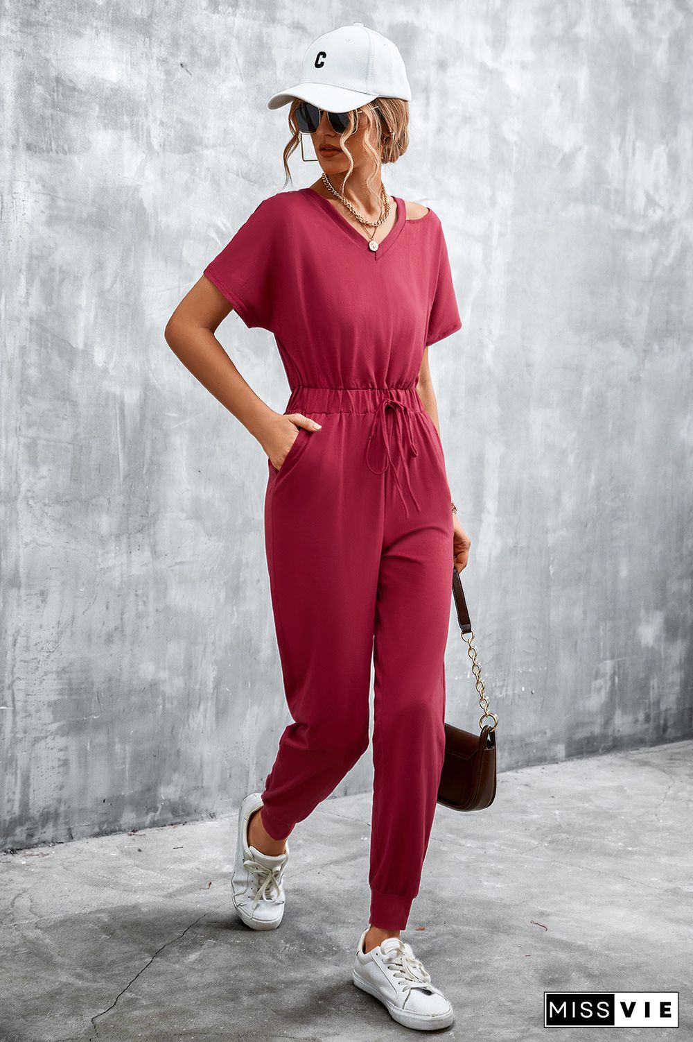 Cut Shoulder Drawstring Waist Sleeveless Jumpsuit