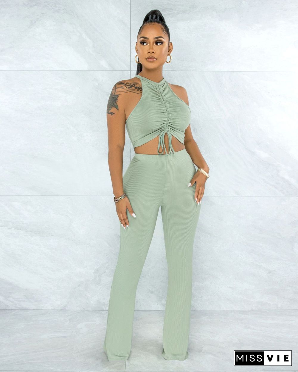 Solid Bandage Sleeveless Crop Top Flare Pants Set