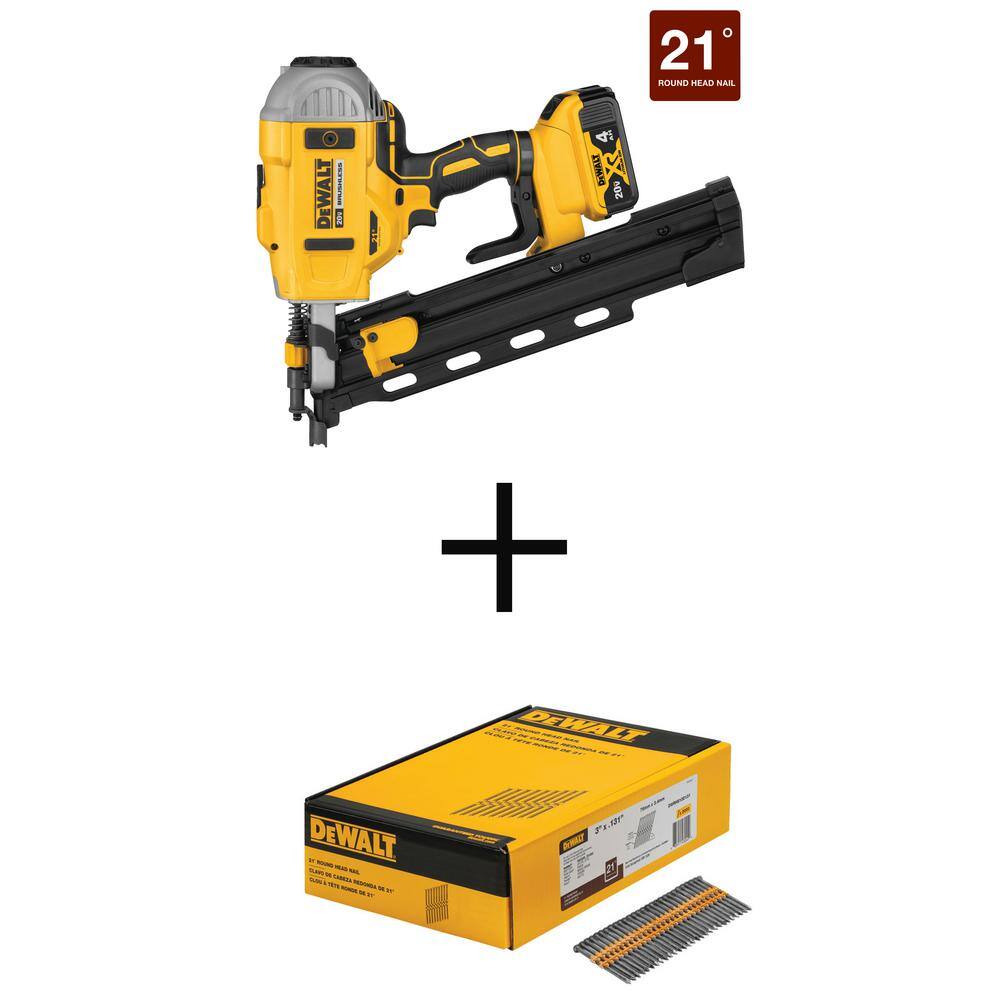 DW 20V MAX XR Lithium-Ion Brushless 21 Framing Nailer Kit and 3 in. x 0.131 in. Metal Framing Nails (2000-Per Box) DCN21PLM1W0D131