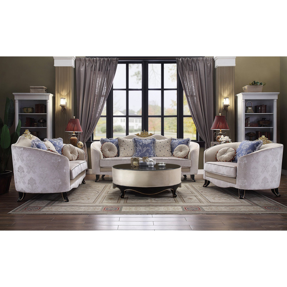 Unique Classic Coffee Table  Round Black Top and Cream Fabric Upholstered Frame   Traditional   Coffee Tables   by Declusia  Houzz