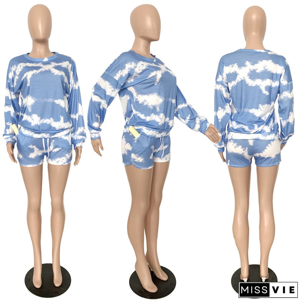 Fashion Tie-Dye Long Sleeve Hoodie Loose Shorts Two-piece Set