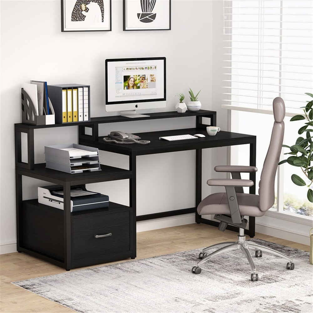 59 Inches Computer Desk with File Drawer and Storage Shelves