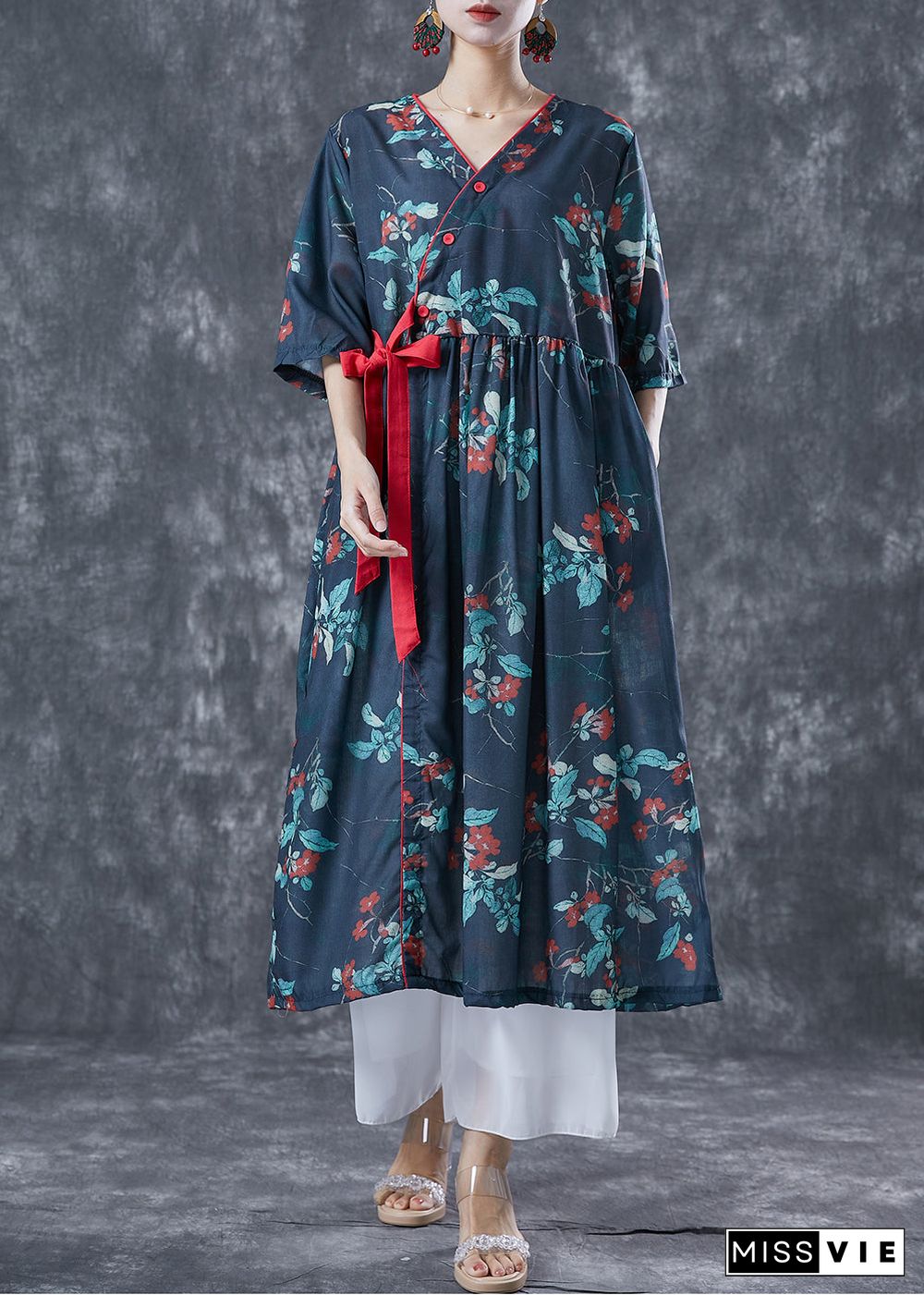 Casual Navy Oversized Print Lace Up Linen Dresses Summer