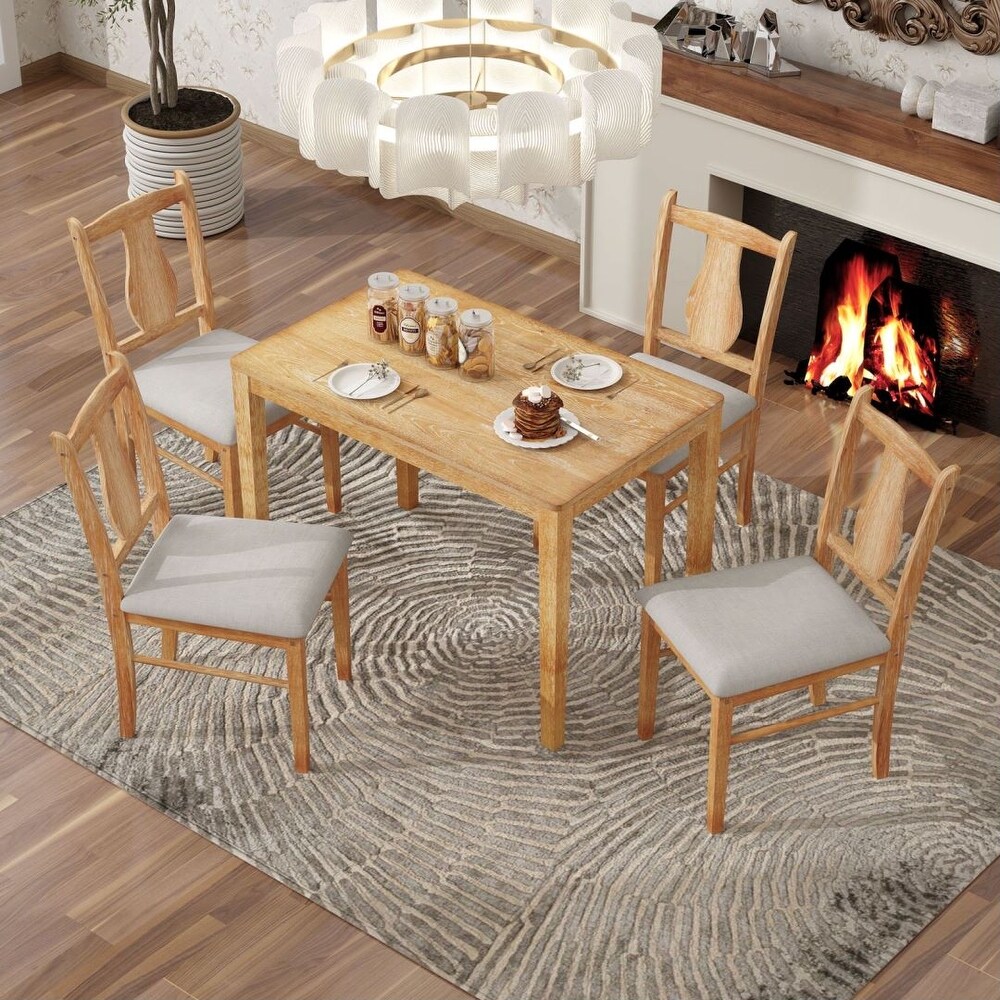 5 Piece Kitchen Dining Table Set Wooden Table and 4 Upholstered Chairs