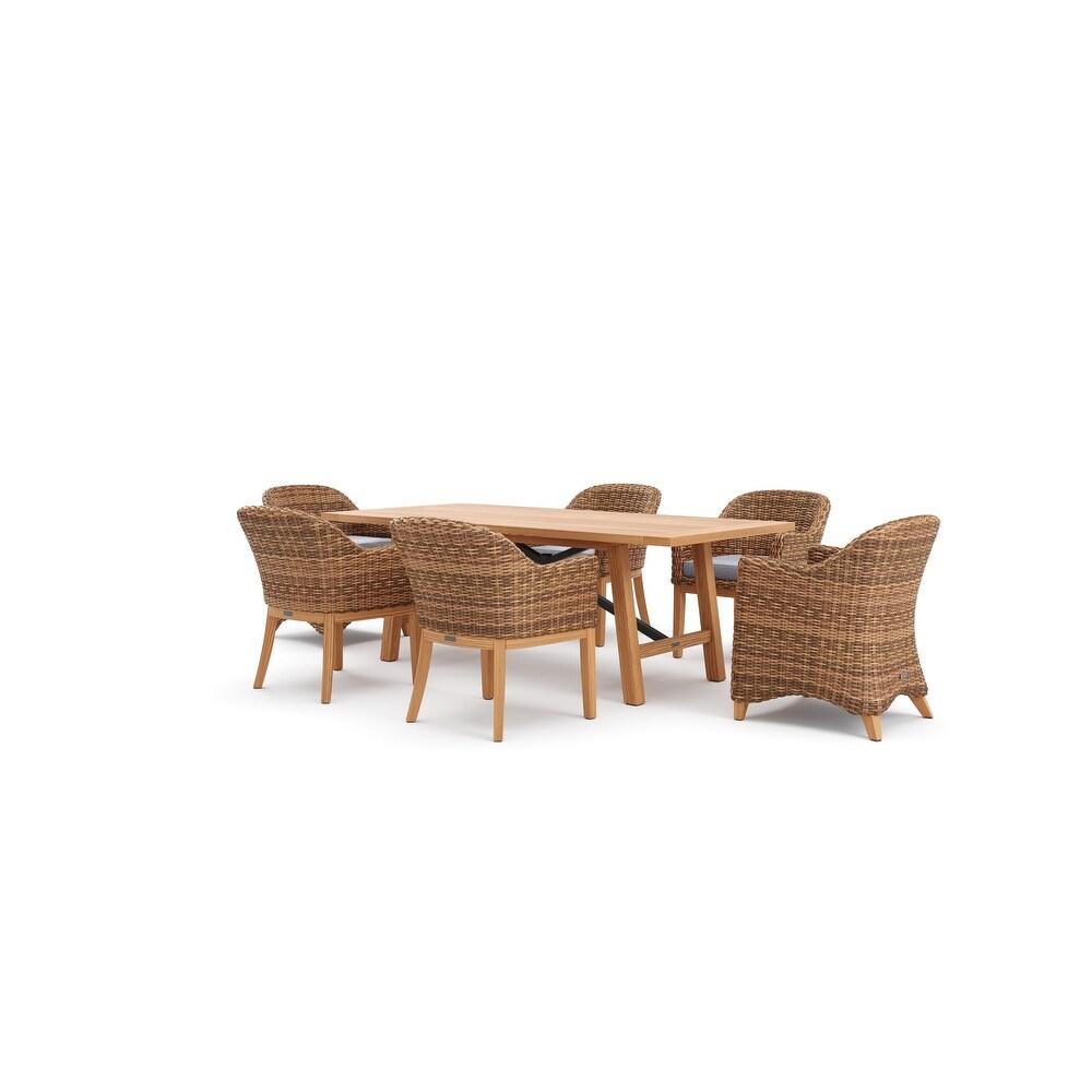 Winston Truss 7 Piece Natural Teak with Vintage Earth Weave Captain's Chair  Side Chair and Teak Dining Table Dining Set