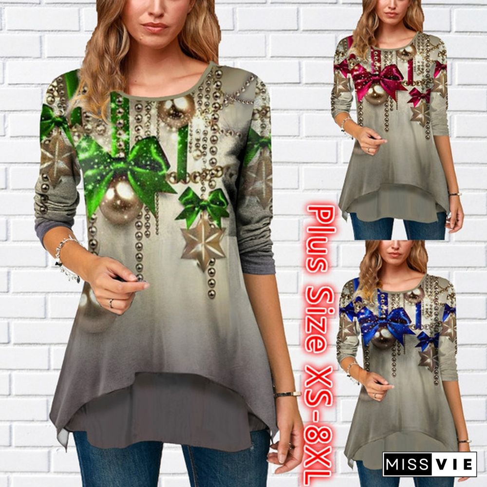 Women Christmas Loose Tops Casual Long Sleeve Round Neck Solid Color Long Shirts Tops Dress Plus Size XS-8XL