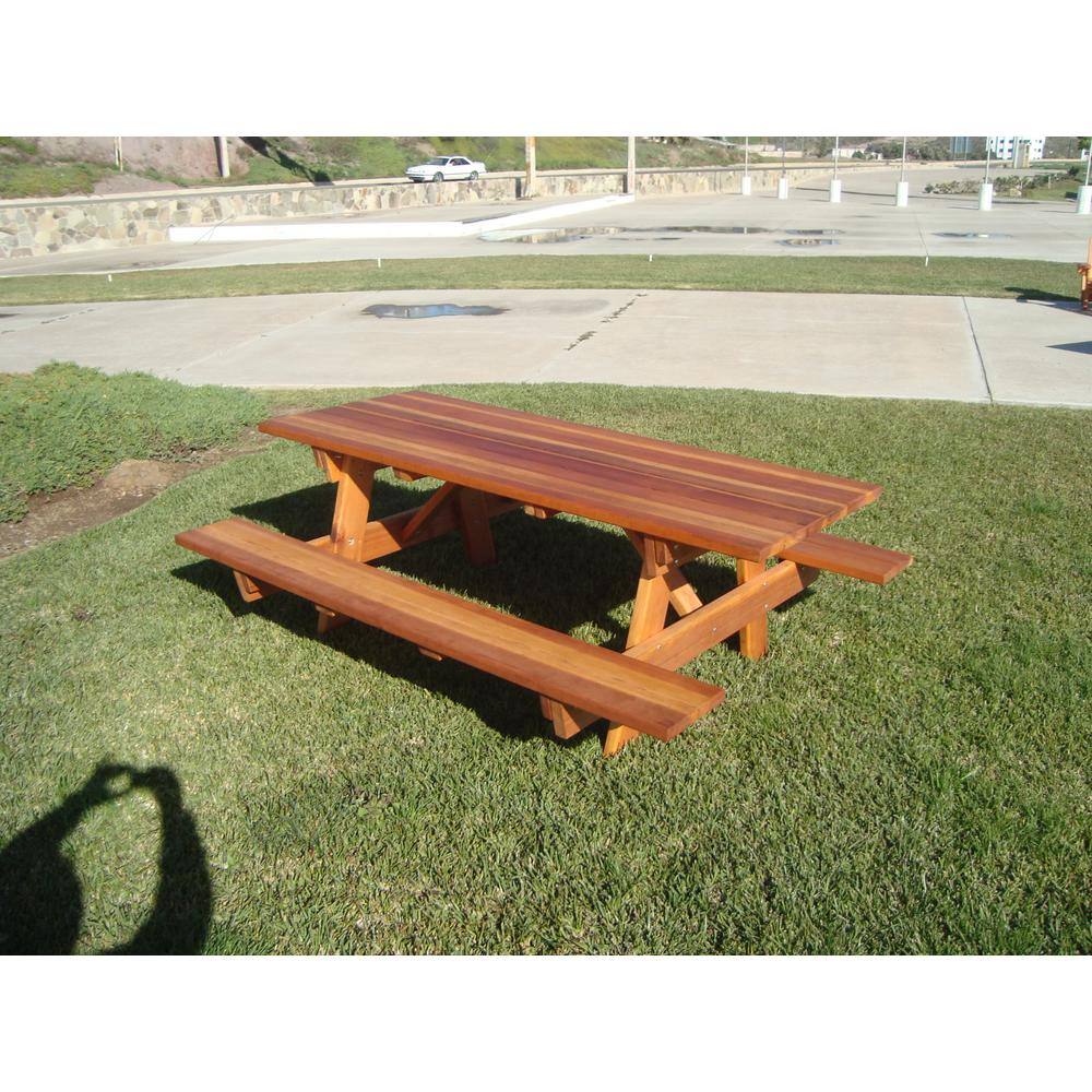 Outdoor 1905 Super Deck Finished 8 ft. Redwood Picnic Table with Attached Benches PTACHBB-8SC1905