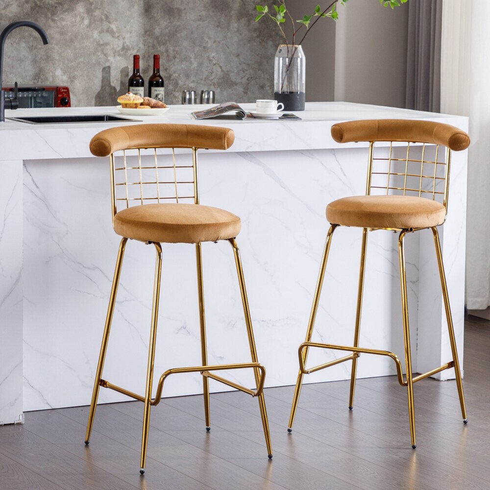 Modern Velvet Dining Chairs High Bar Stools with Ornate Metal Legs Set of 2