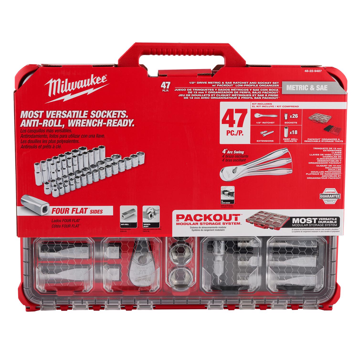 MW Packout 1/2 in. drive Metric/SAE 6 and 12 Point Standard Socket and Ratchet Set 47 pc