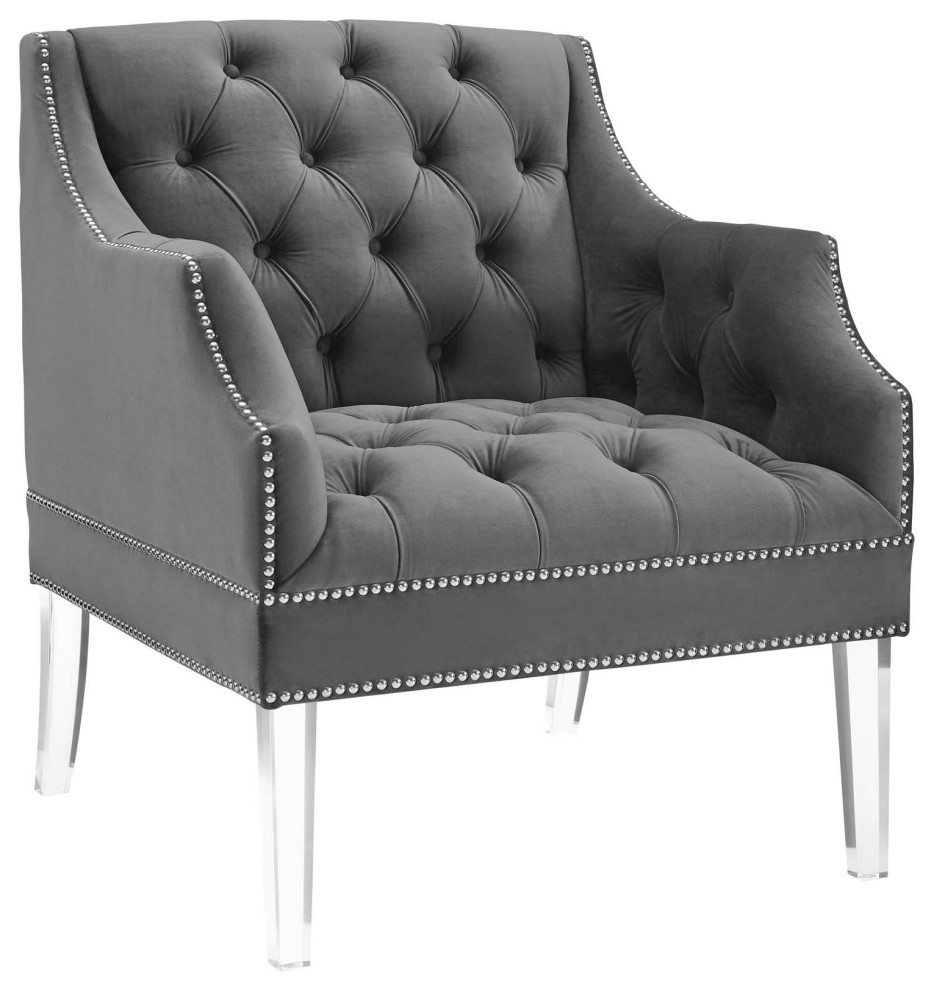 Gray Proverbial Tufted Button Accent Performance Velvet Armchair   Contemporary   Armchairs And Accent Chairs   by Uber Bazaar  Houzz