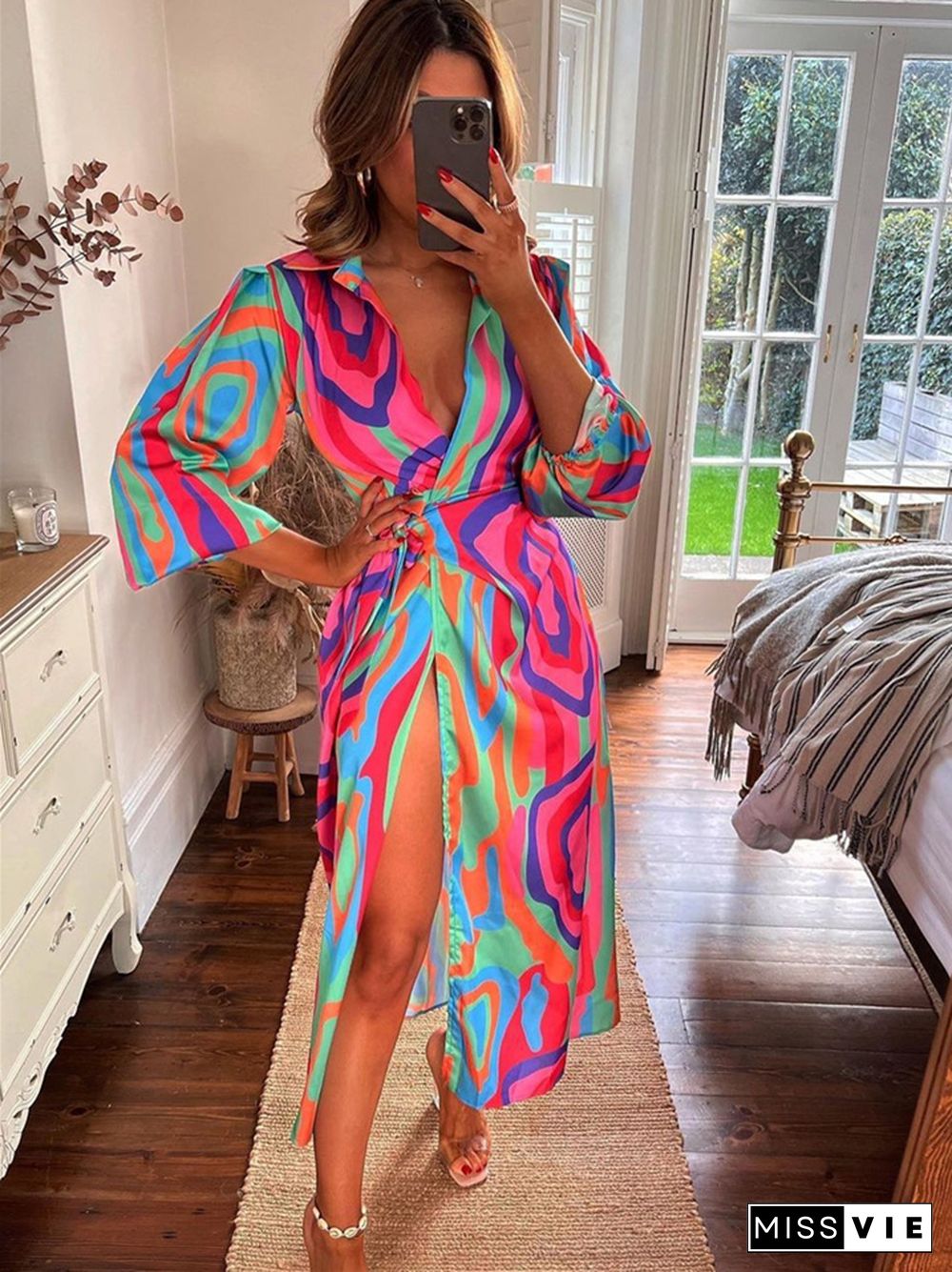 Fashionable Printed Lantern Sleeve Lace Up Slit Lapel Dress Popular Color Contrast Medium and Long Skirt