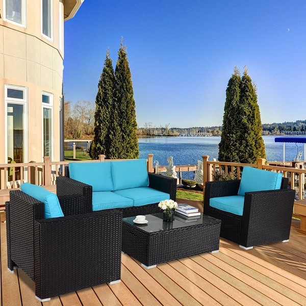 4PC Rattan Patio Furniture Set Outdoor Wicker With Blue Cushion