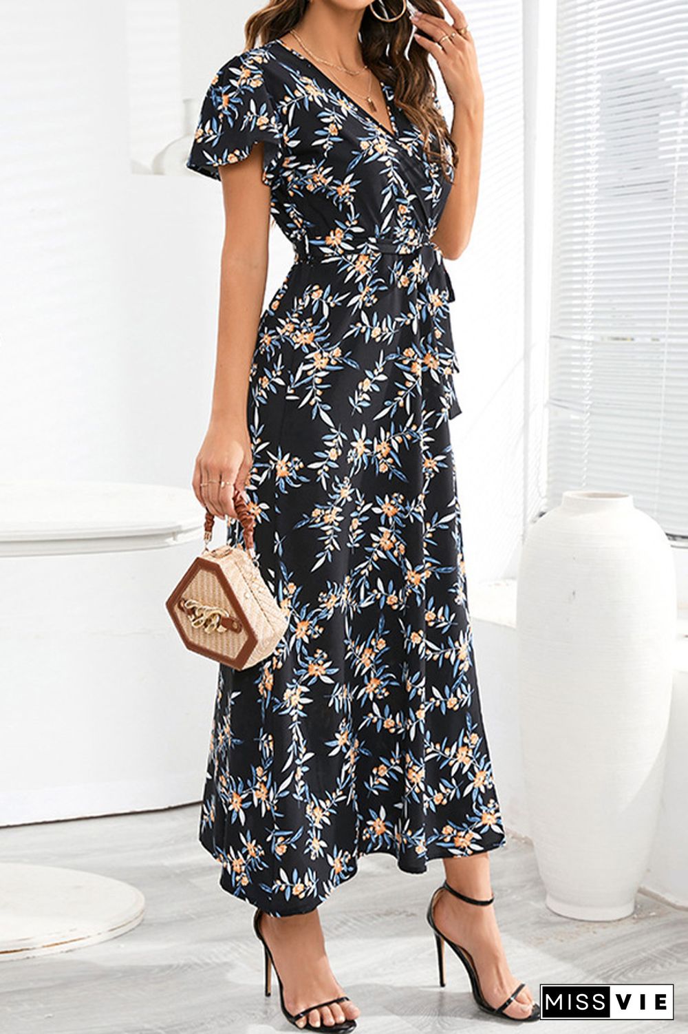 Flower Print Waist Tie Surplice Split Dress