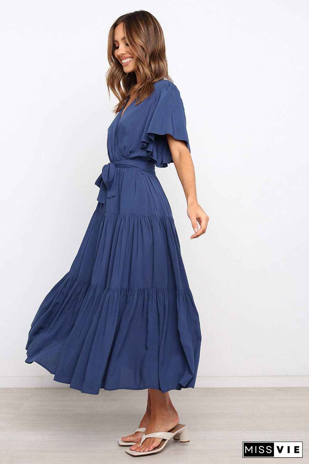 V Neck Tie Waist Short Sleeve Maxi Dress