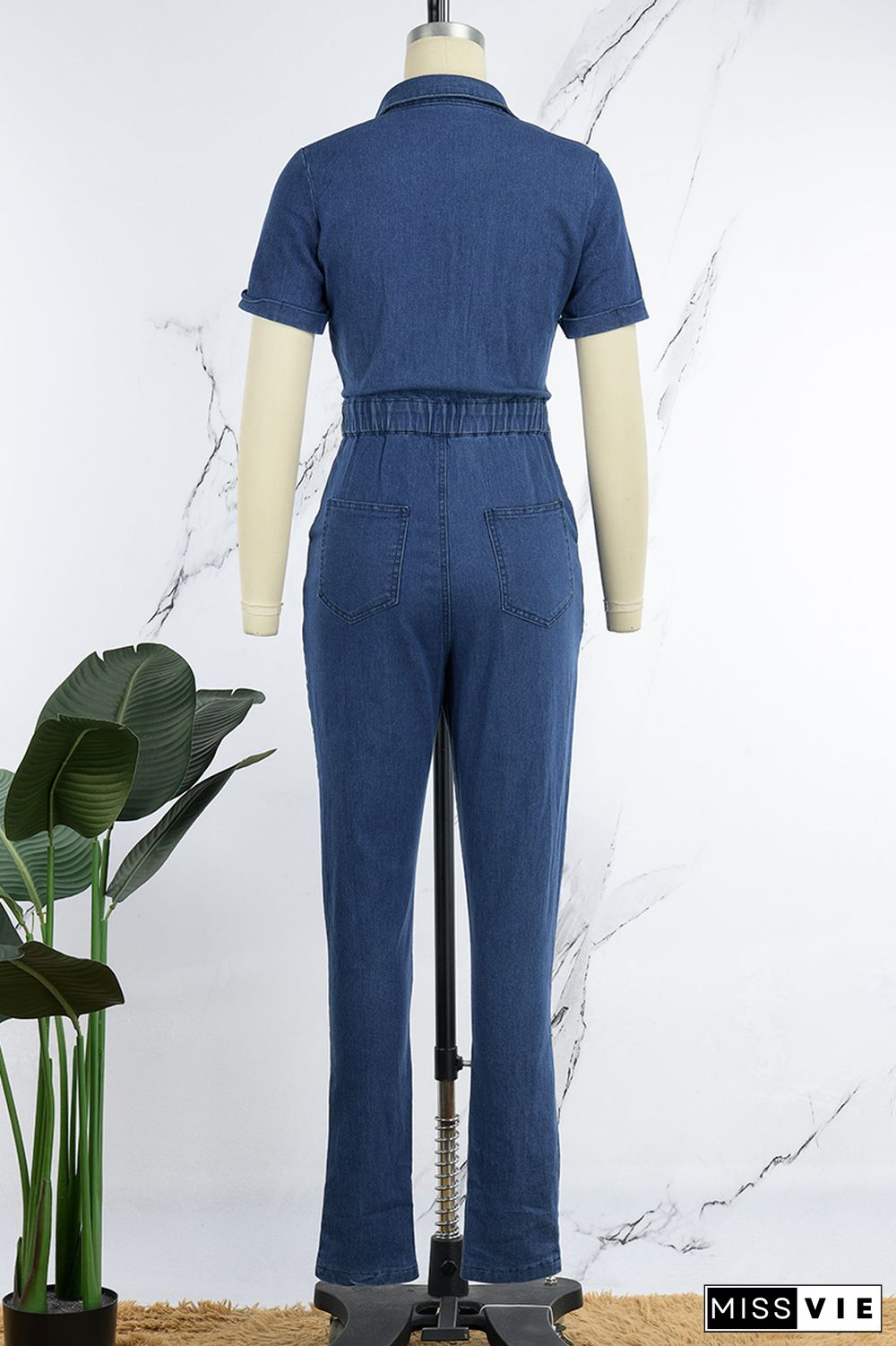 Deep Blue Casual Solid Hollowed Out Frenulum Turndown Collar Short Sleeve Skinny Denim Jumpsuits