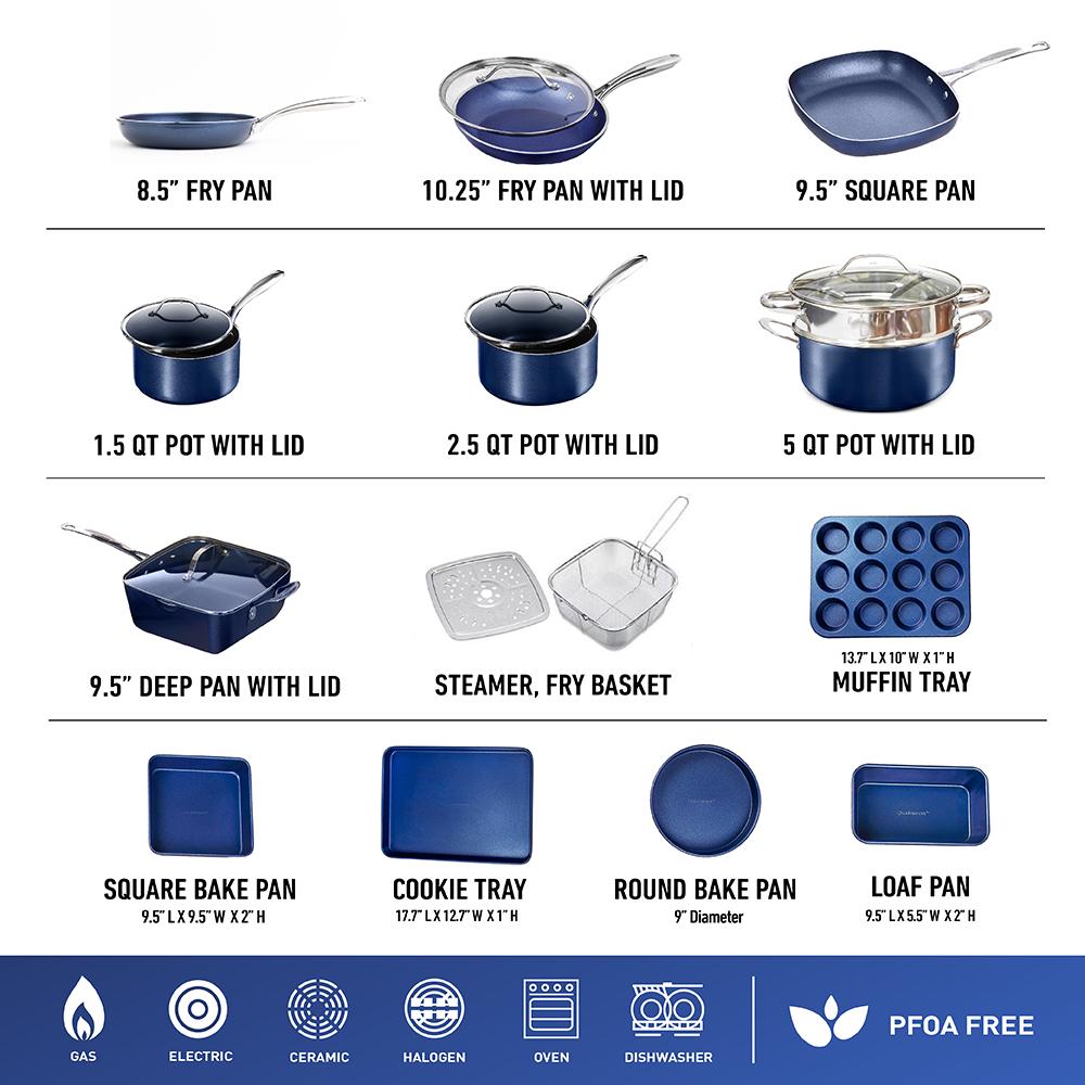 Granite Stone Blue 20 Piece Pots and Pans Set， Nonstick Cookware and Bakeware Set