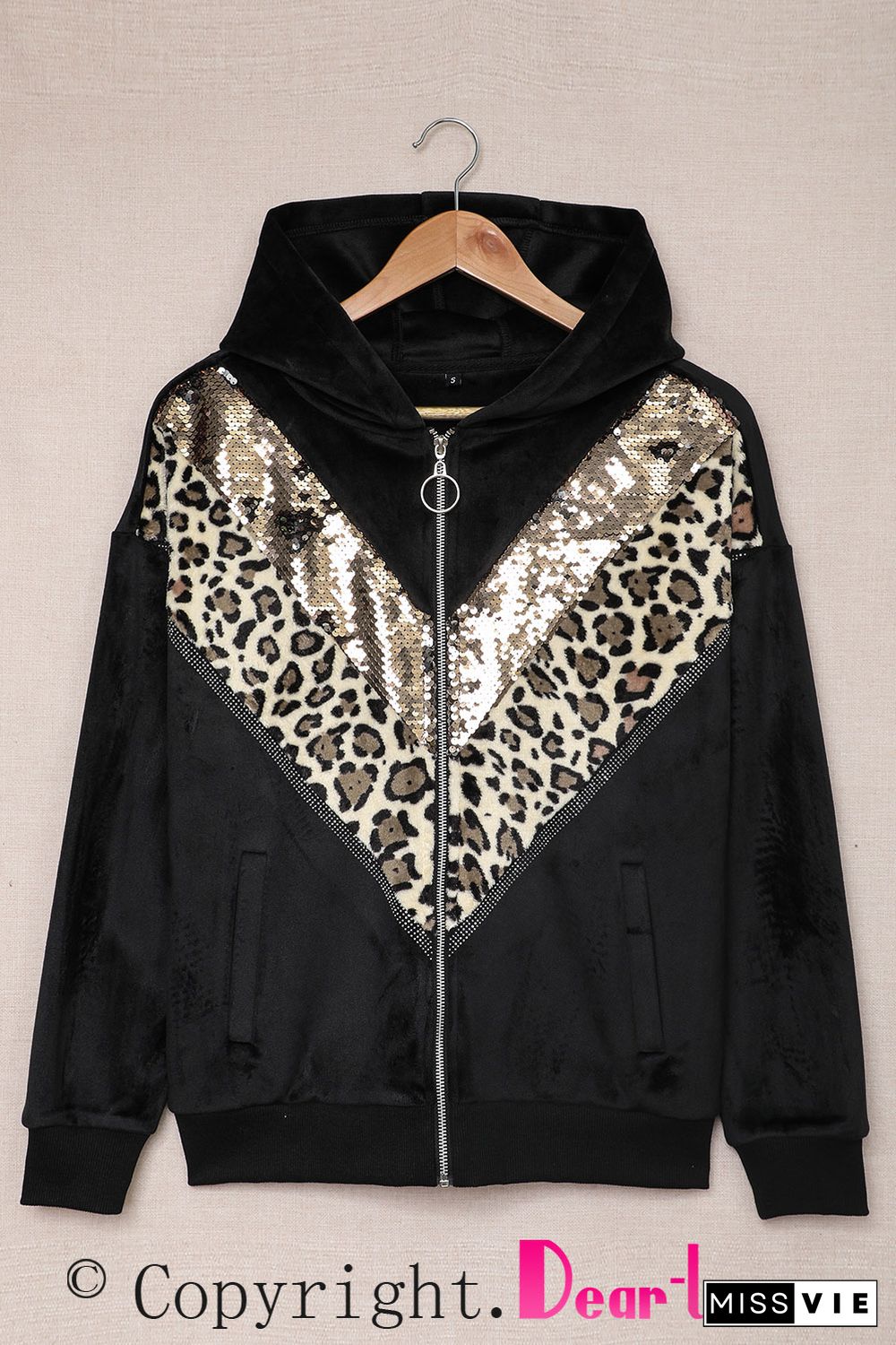 Black Chevron Sequin Leopard Patchwork Zip up Jacket