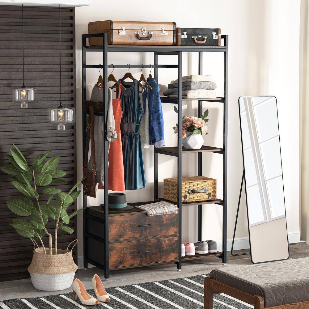 TRIBESIGNS WAY TO ORIGIN 47.2 in. W Freestanding Clothes Garment Rack with Shelves and 2 Drawers 5 Tier Rustic Brown Closet Organizer Wardrobe HD-GGF1546