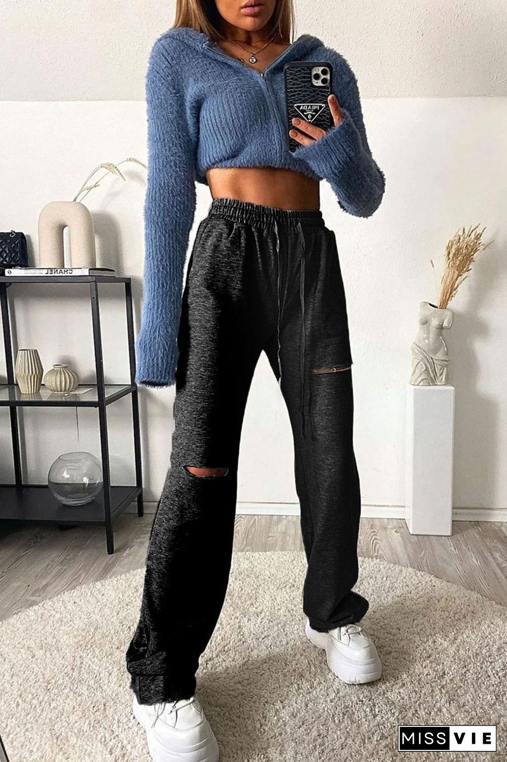 Solid Color Hole Drawstring Waist Pants