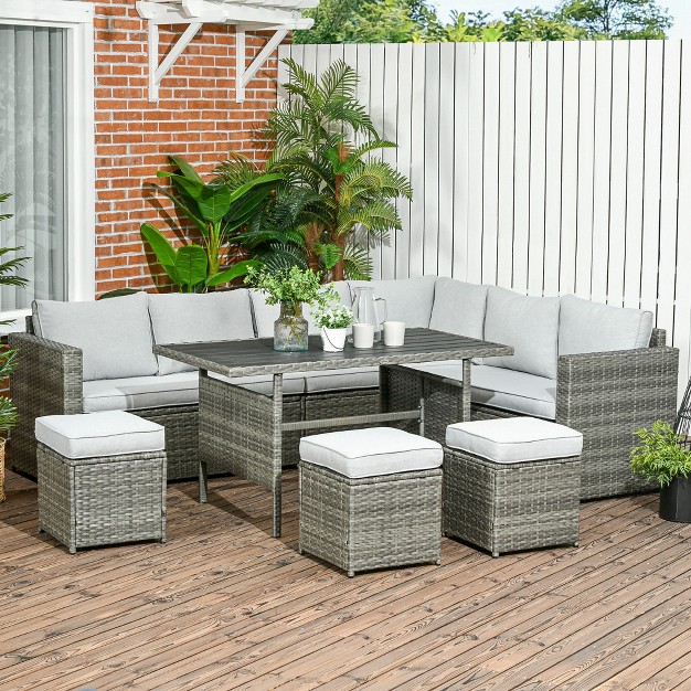 Outsunny 7 Piece Patio Furniture Set Outdoor L shaped Sectional Sofa With 3 Loveseats 3 Ottoman Chairs Dining Table Cushions Storage Mixed Gray