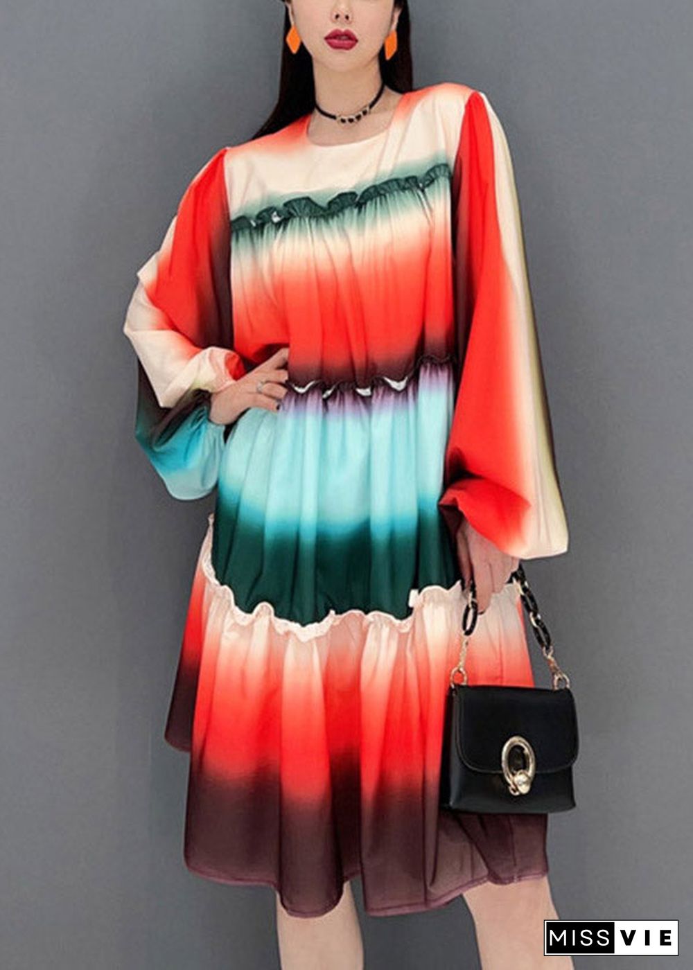 Casual Gradient color O-Neck Ruffled Patchwork A Line Dresses Long Sleeve