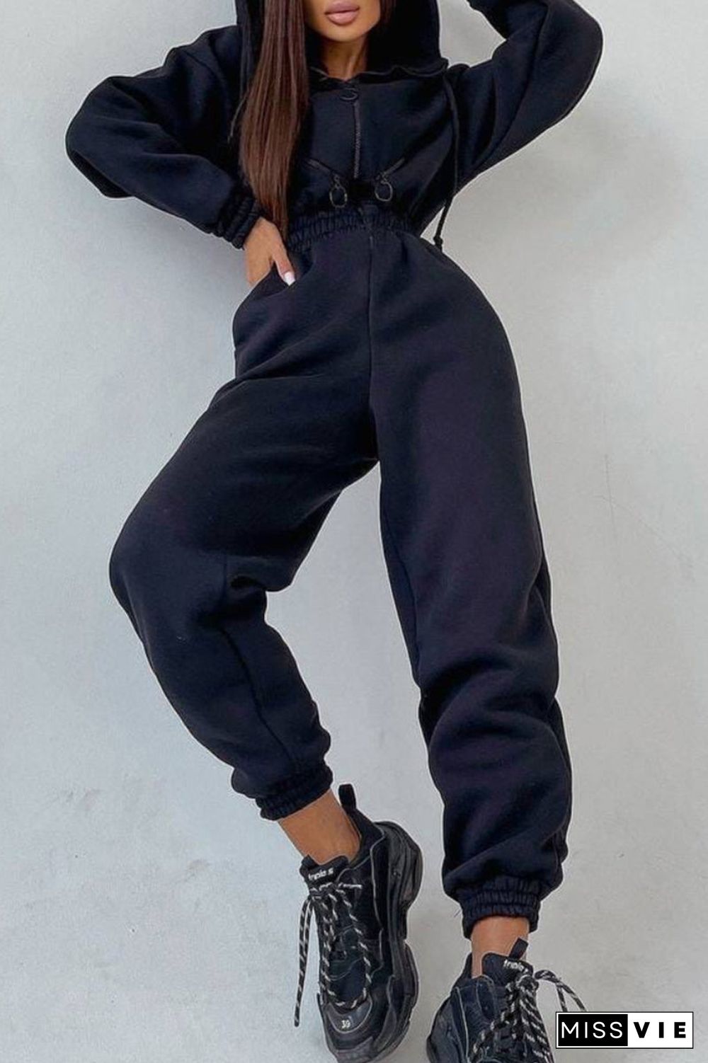 Street Solid Patchwork Hooded Collar Jumpsuits