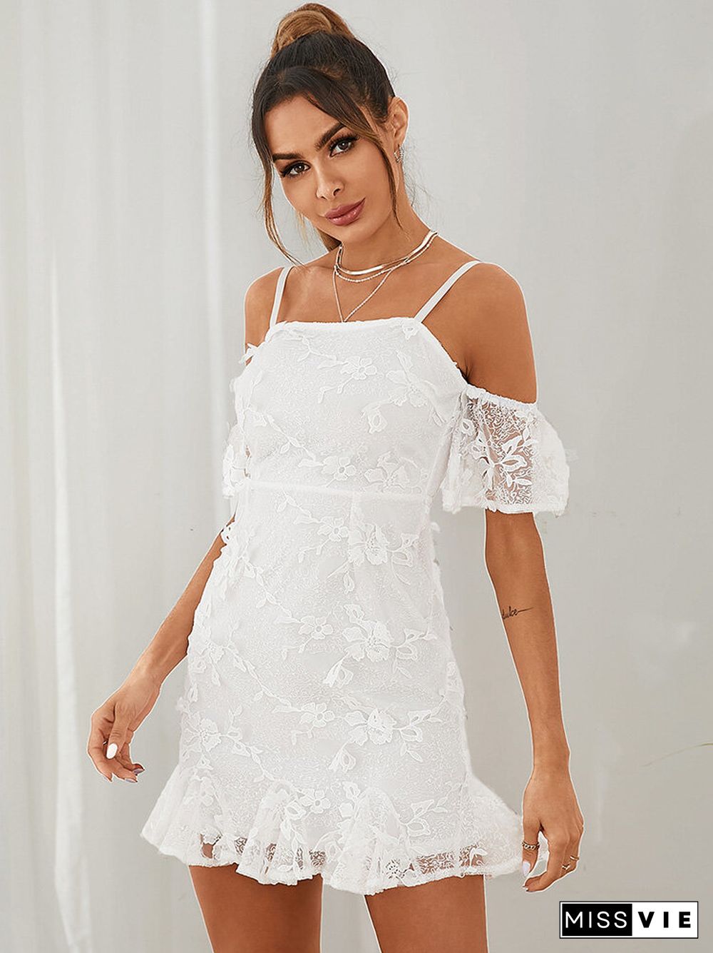 Solid Backless Strap Off The Shoulder Short Sleeve Lace Dress