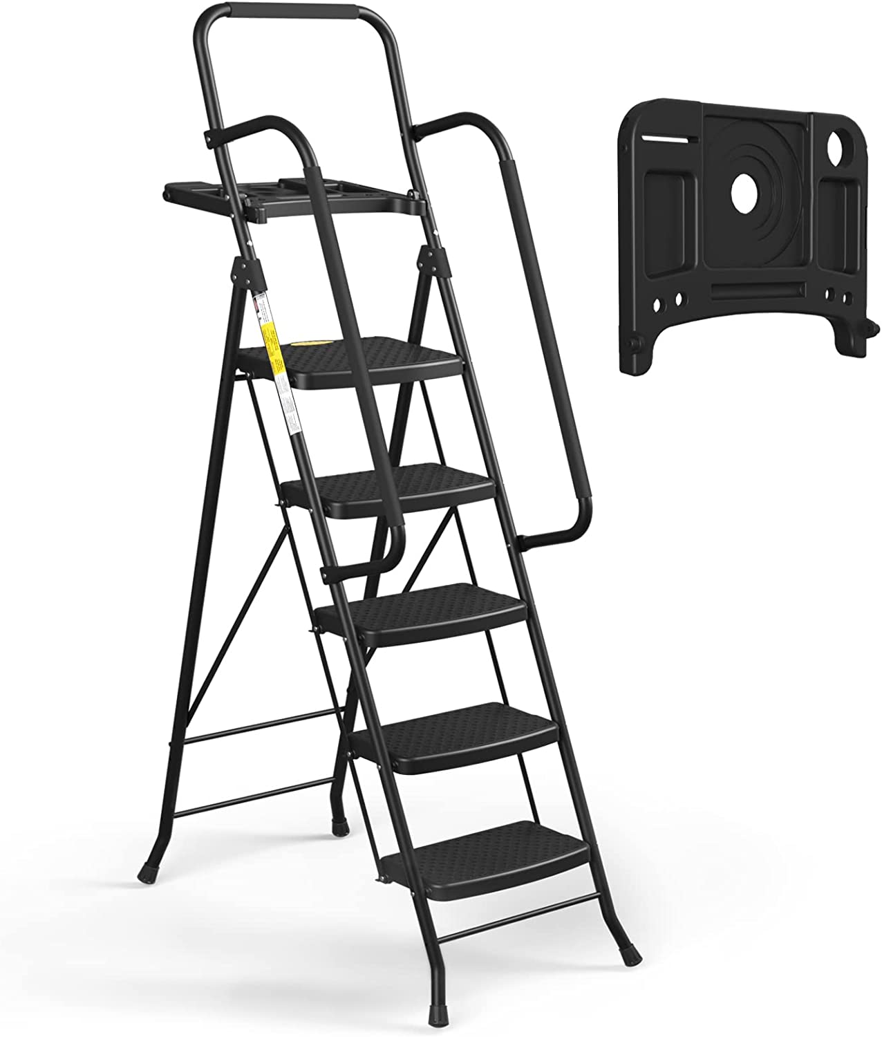 4 Step Ladder, HBTower Folding Step Stool with Tool Platform, Wide Anti-Slip Pedal, Sturdy Steel Ladder, Convenient Handgrip, Lightweight 330lbs Portable Steel Step Stool, Black