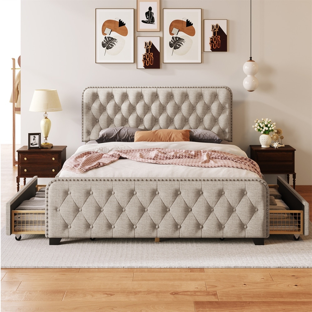 Full Upholstered Platform Bed Frame with Storage Drawers