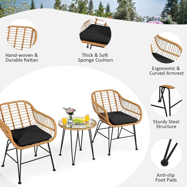 Costway 3PCS Patio Rattan Bistro Furniture Set Cushioned Chair Table