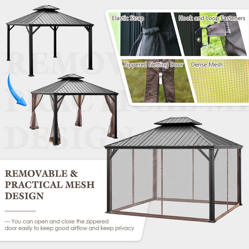 12 x 10 FT Hardtop Gazebo with Netting & Central Hook, 2-Tier Outdoor Patio Metal Gazebo Canopy Tent