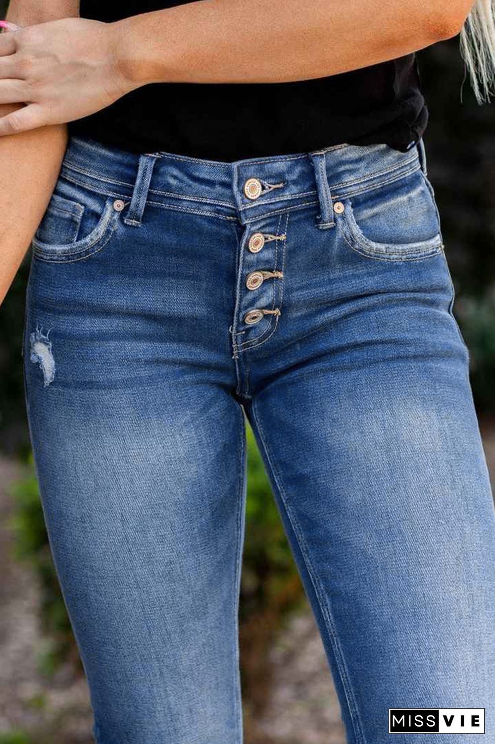 Mid Waist Button Skinny Leg Jeans