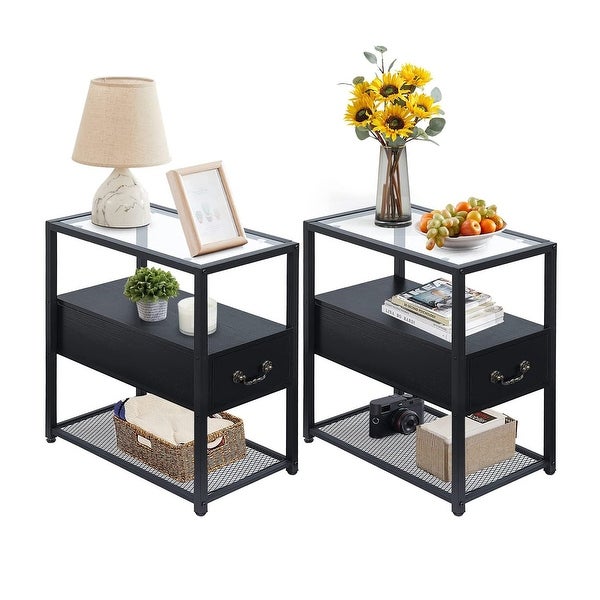 Modern Narrow Tempered Glass End Side Table/Tall Nightstand with Drawer and Shelf (Set of 2 )