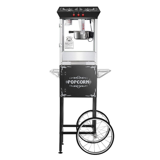 Great Northern Popcorn 8 Oz Popcorn Machine Stainless Steel Kettle Heated Warming Deck Old Maids Drawer And Cart Black