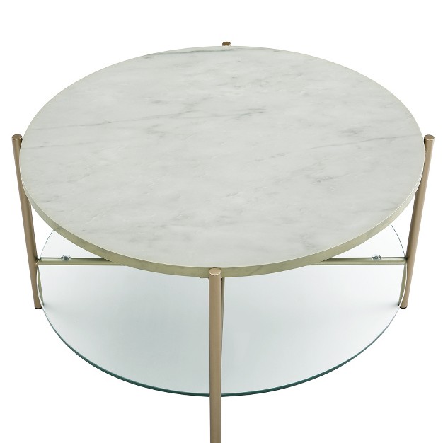 Modern Glam Faux Marble Round Coffee Table White gold Saracina Home