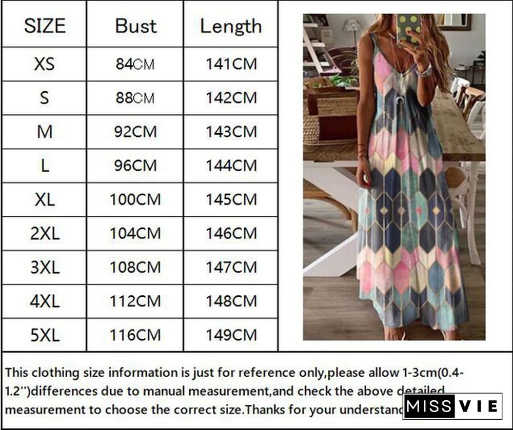 NEW Summer Womens Fashion Sleeveless V-neck Floral Print Beach Dress Big Swing Dress Loose Casual Long Vest Dresses Ladies Party Dress Plus Size