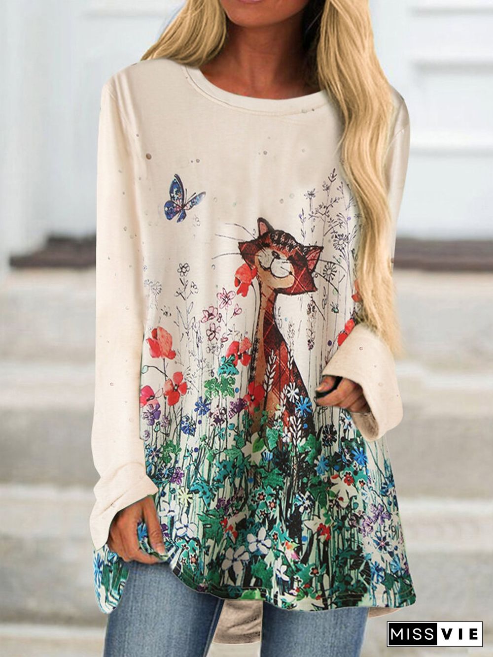 Beige Cotton-Blend Long Sleeve Round Neck Printed T-shirt