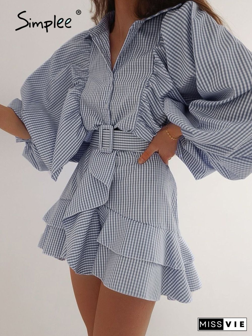 Za Belt Plaid Batwing Long Sleeve Women Dress Spring Summer Blue Ruffle Shirt Dress Short Holiday A-Line Mujer Vestido