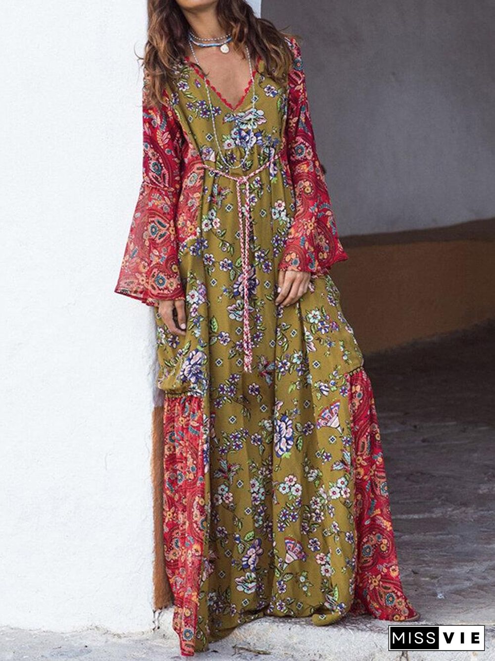 Casual Retro Long-sleeved Printed Dress P10587