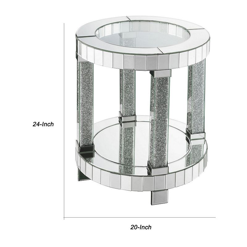 Round Mirrored Frame End Table with Faux Diamond and Bottom Shelf， Silver