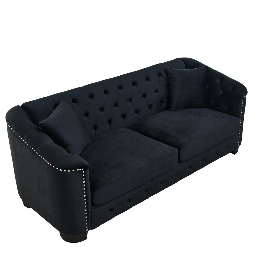 Black Modern Velvet Sofa Set with Nailhead Trim and Buttons (Includes Pillows  3 Seater + Loveseat)